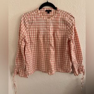 J. Crew White and Pink Smocked Blouse with Cuffed Sleeves